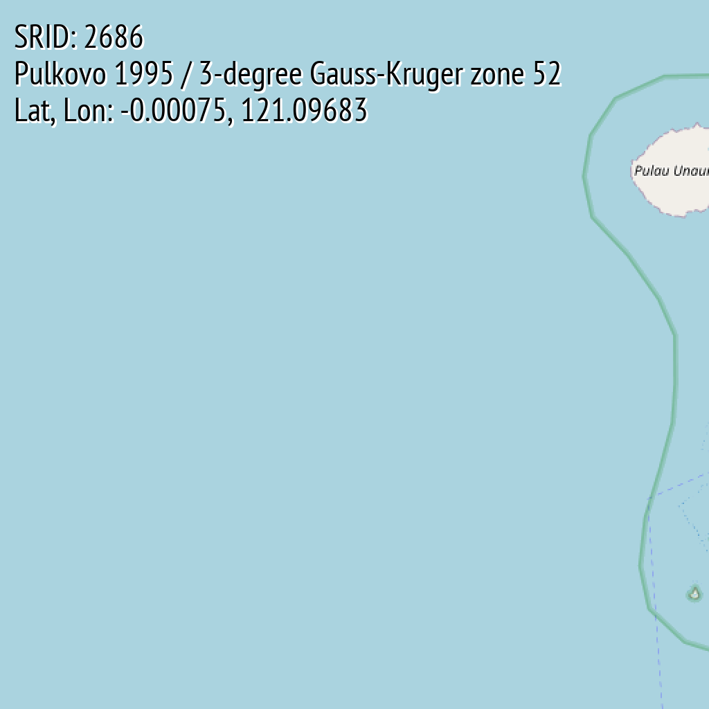 Pulkovo 1995 / 3-degree Gauss-Kruger zone 52 (SRID: 2686, Lat, Lon: -0.00075, 121.09683)
