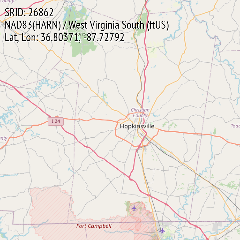 NAD83(HARN) / West Virginia South (ftUS) (SRID: 26862, Lat, Lon: 36.80371, -87.72792)