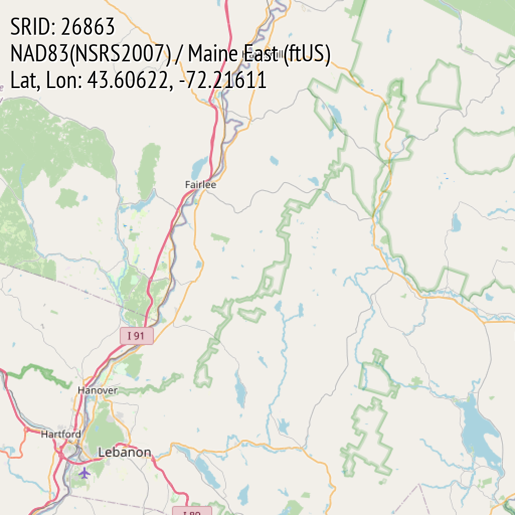 NAD83(NSRS2007) / Maine East (ftUS) (SRID: 26863, Lat, Lon: 43.60622, -72.21611)