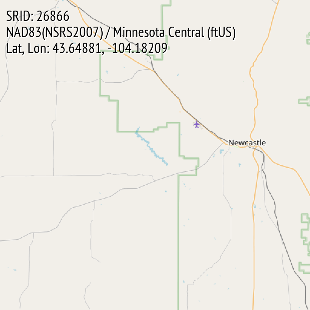 NAD83(NSRS2007) / Minnesota Central (ftUS) (SRID: 26866, Lat, Lon: 43.64881, -104.18209)