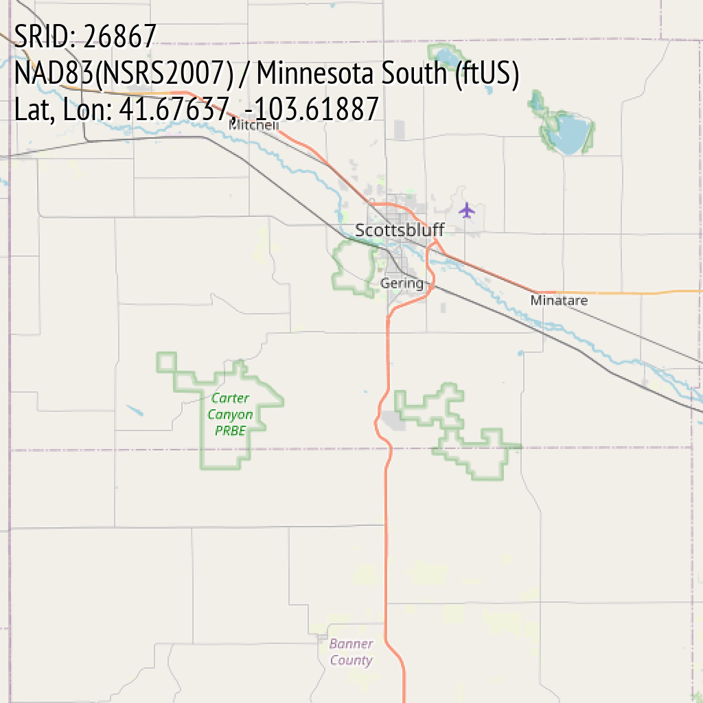 NAD83(NSRS2007) / Minnesota South (ftUS) (SRID: 26867, Lat, Lon: 41.67637, -103.61887)
