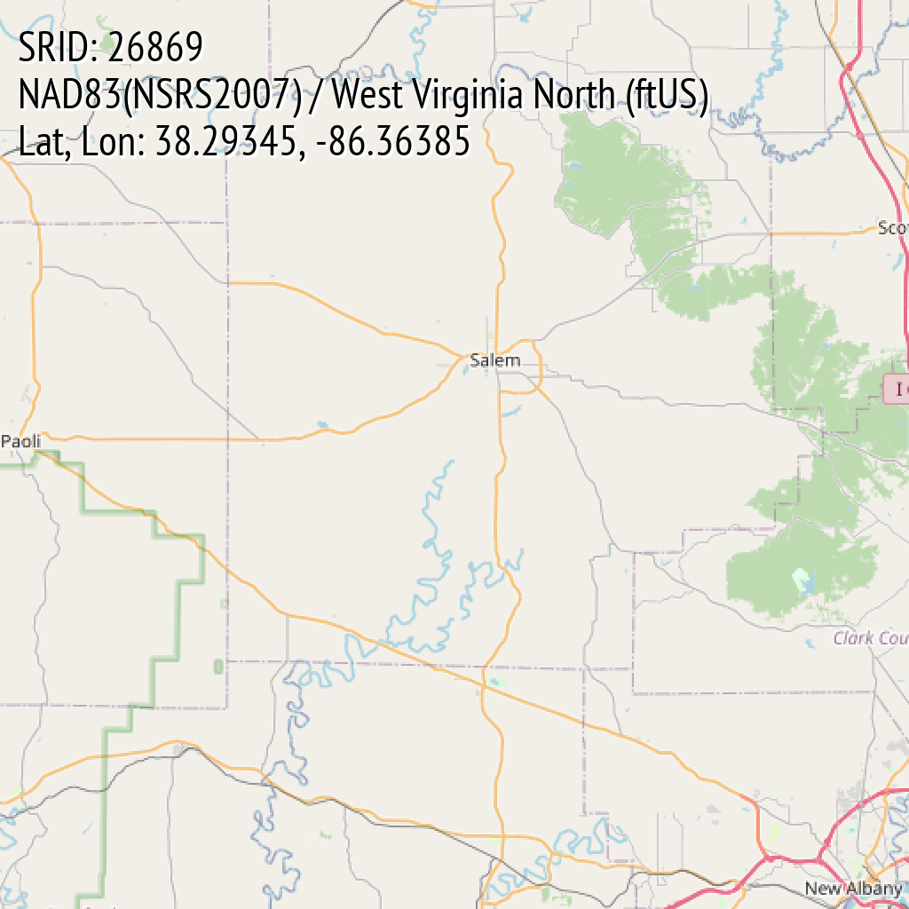 NAD83(NSRS2007) / West Virginia North (ftUS) (SRID: 26869, Lat, Lon: 38.29345, -86.36385)