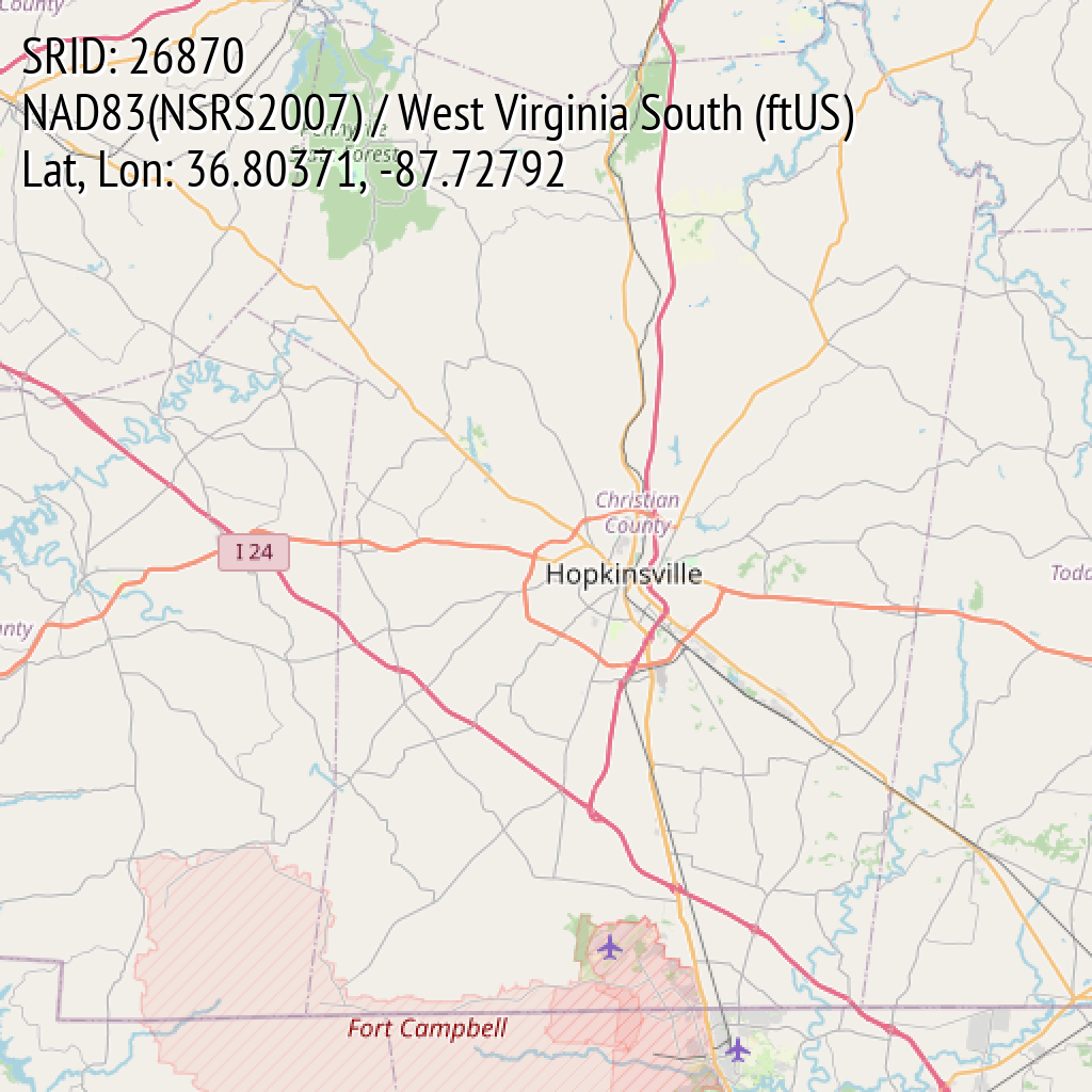 NAD83(NSRS2007) / West Virginia South (ftUS) (SRID: 26870, Lat, Lon: 36.80371, -87.72792)
