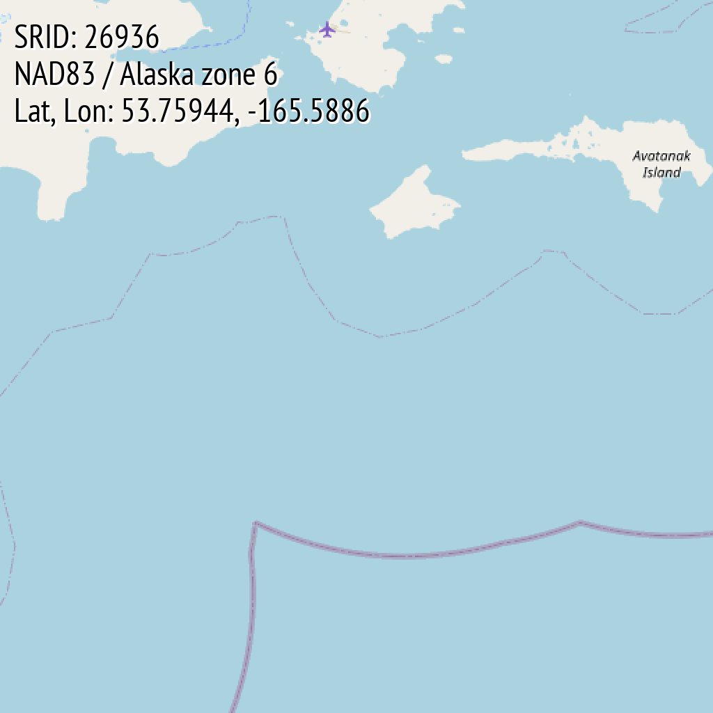 NAD83 / Alaska zone 6 (SRID: 26936, Lat, Lon: 53.75944, -165.5886)