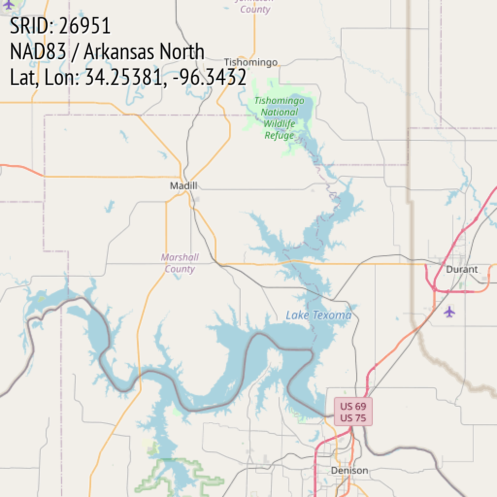 NAD83 / Arkansas North (SRID: 26951, Lat, Lon: 34.25381, -96.3432)