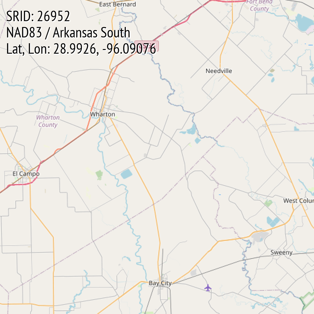 NAD83 / Arkansas South (SRID: 26952, Lat, Lon: 28.9926, -96.09076)