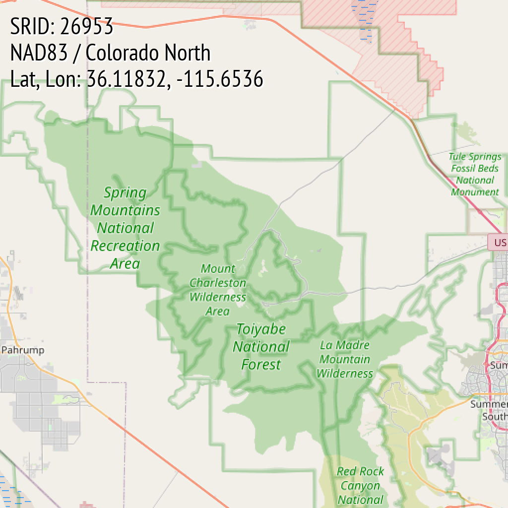 NAD83 / Colorado North (SRID: 26953, Lat, Lon: 36.11832, -115.6536)