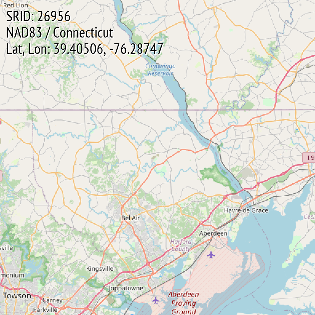 NAD83 / Connecticut (SRID: 26956, Lat, Lon: 39.40506, -76.28747)