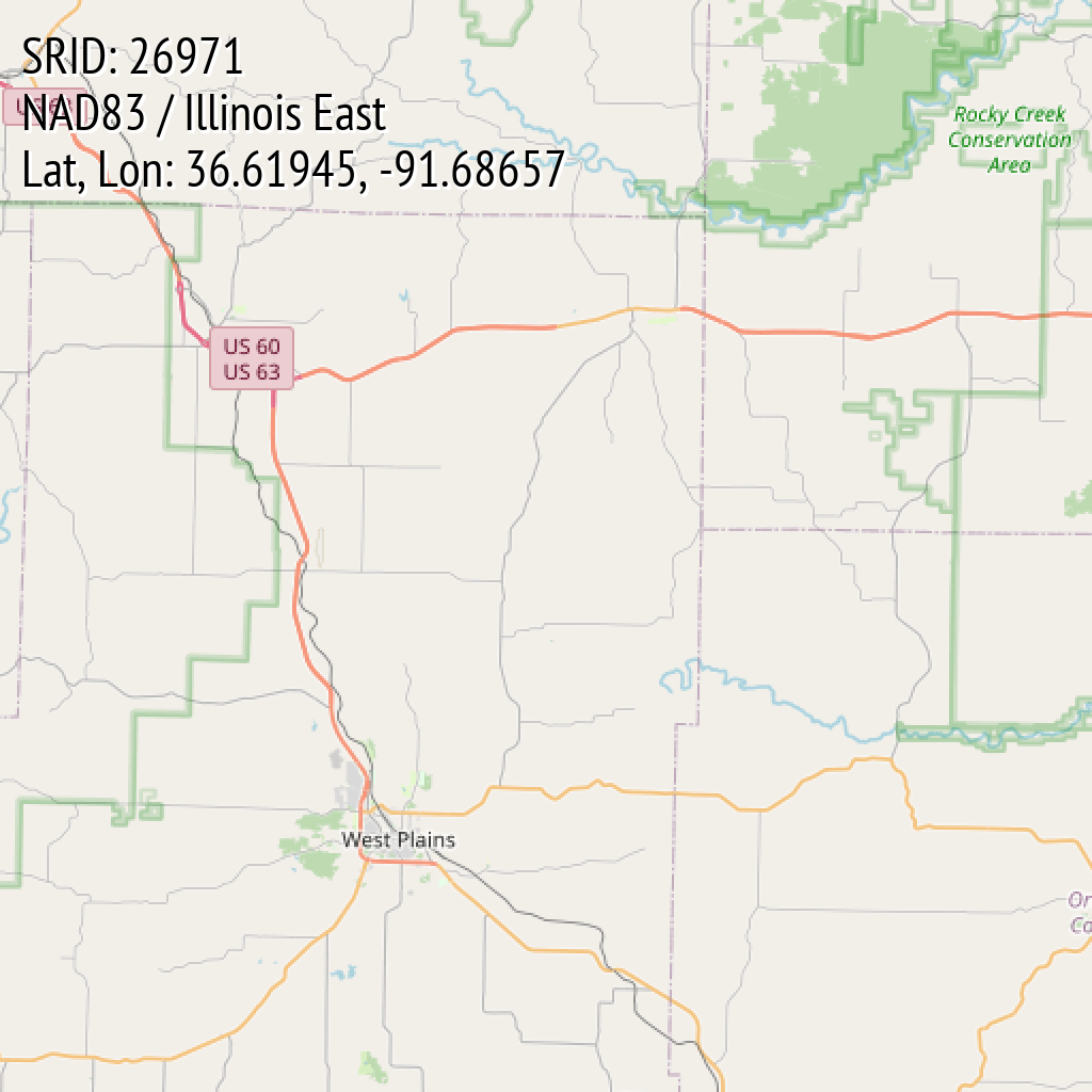 NAD83 / Illinois East (SRID: 26971, Lat, Lon: 36.61945, -91.68657)