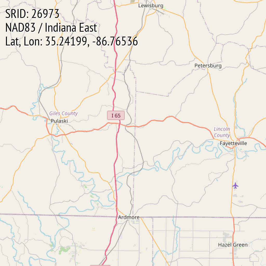 NAD83 / Indiana East (SRID: 26973, Lat, Lon: 35.24199, -86.76536)