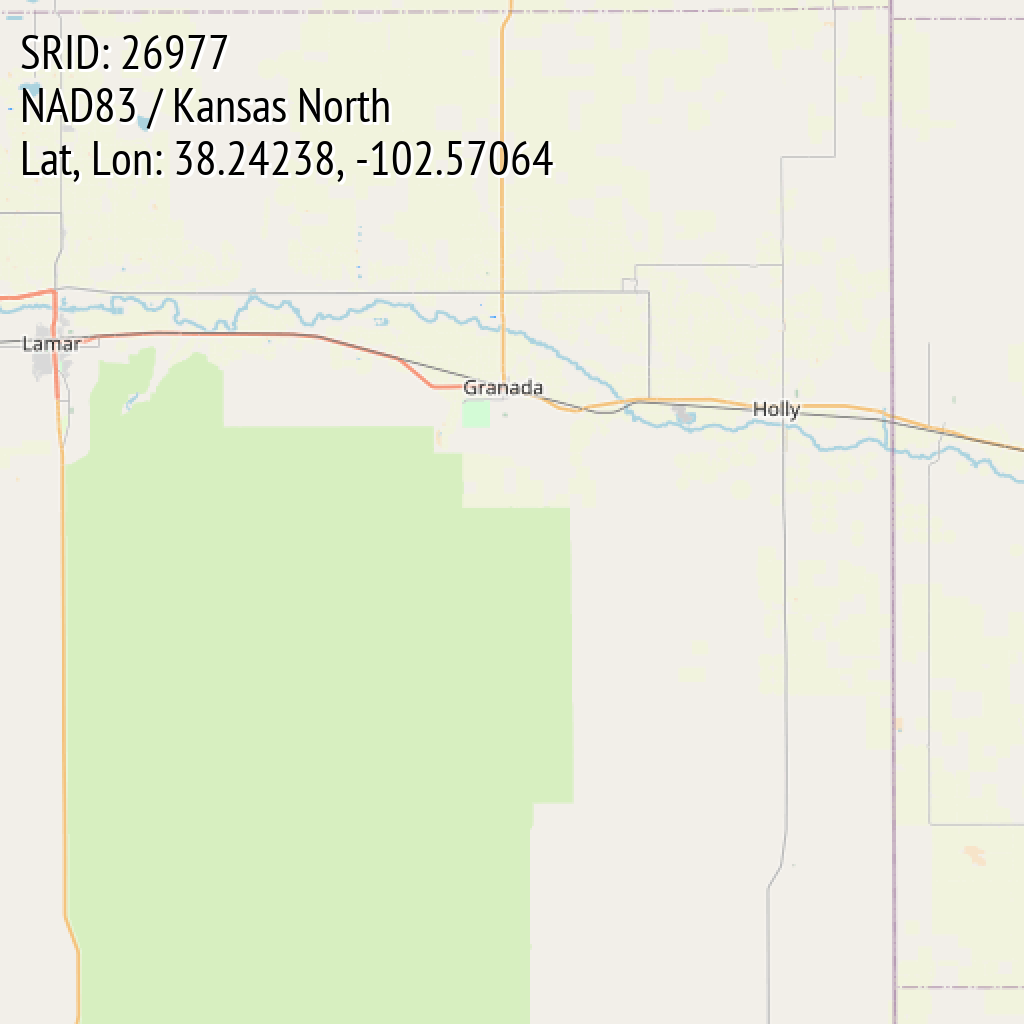 NAD83 / Kansas North (SRID: 26977, Lat, Lon: 38.24238, -102.57064)