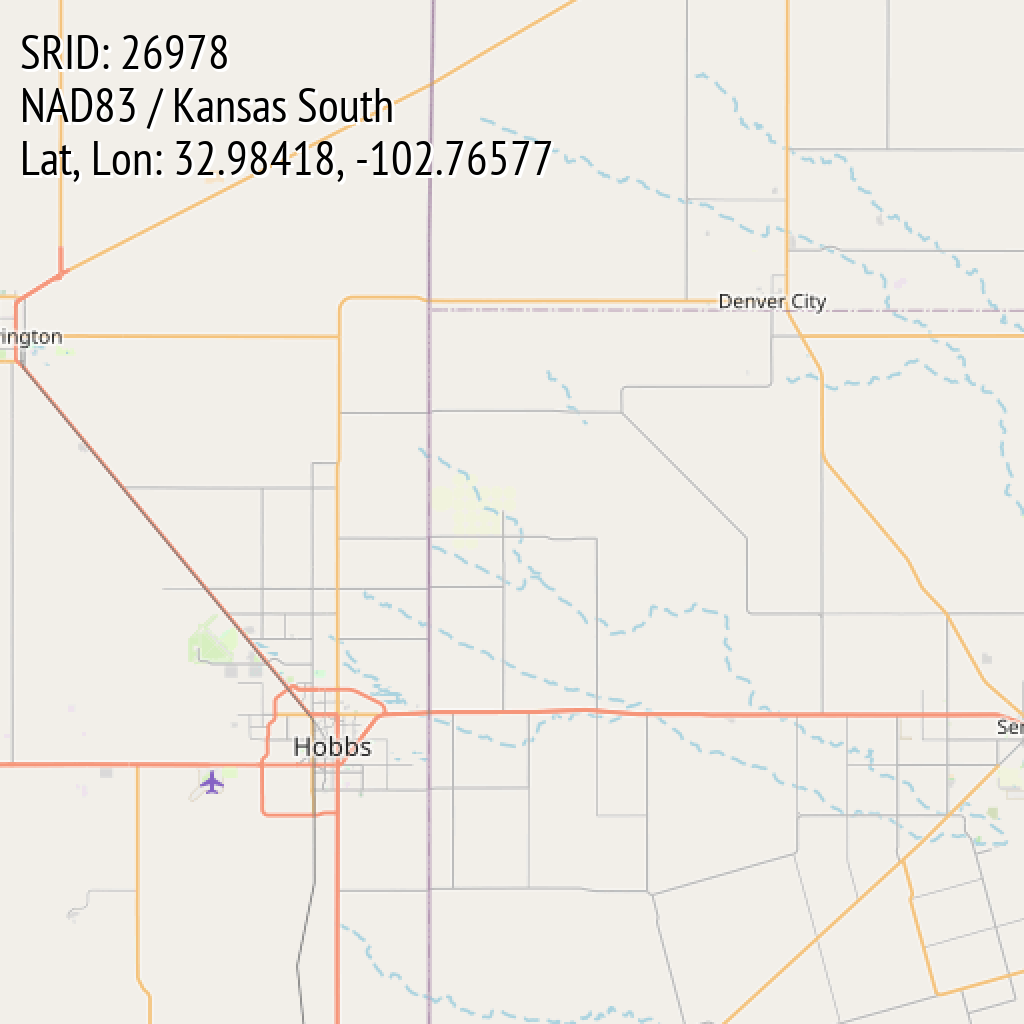 NAD83 / Kansas South (SRID: 26978, Lat, Lon: 32.98418, -102.76577)