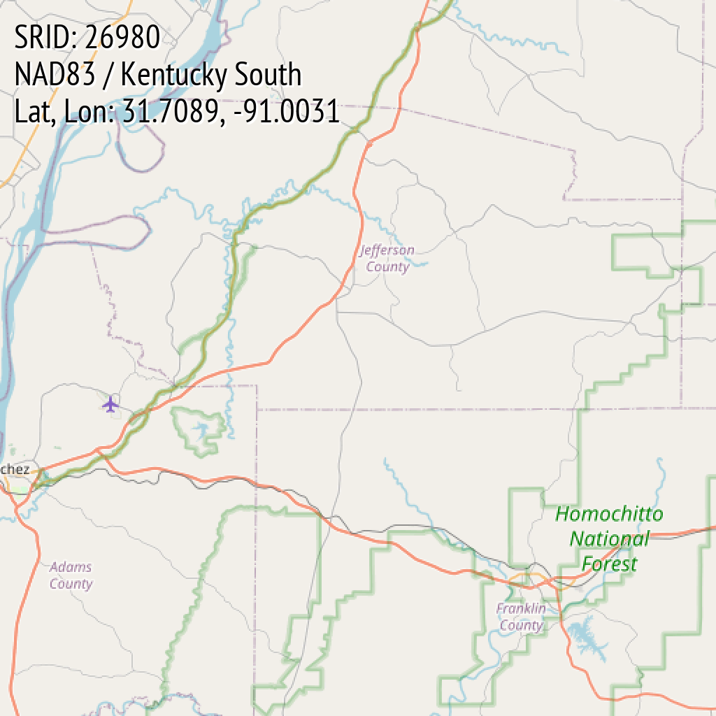 NAD83 / Kentucky South (SRID: 26980, Lat, Lon: 31.7089, -91.0031)