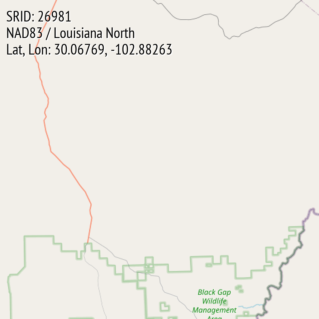 NAD83 / Louisiana North (SRID: 26981, Lat, Lon: 30.06769, -102.88263)