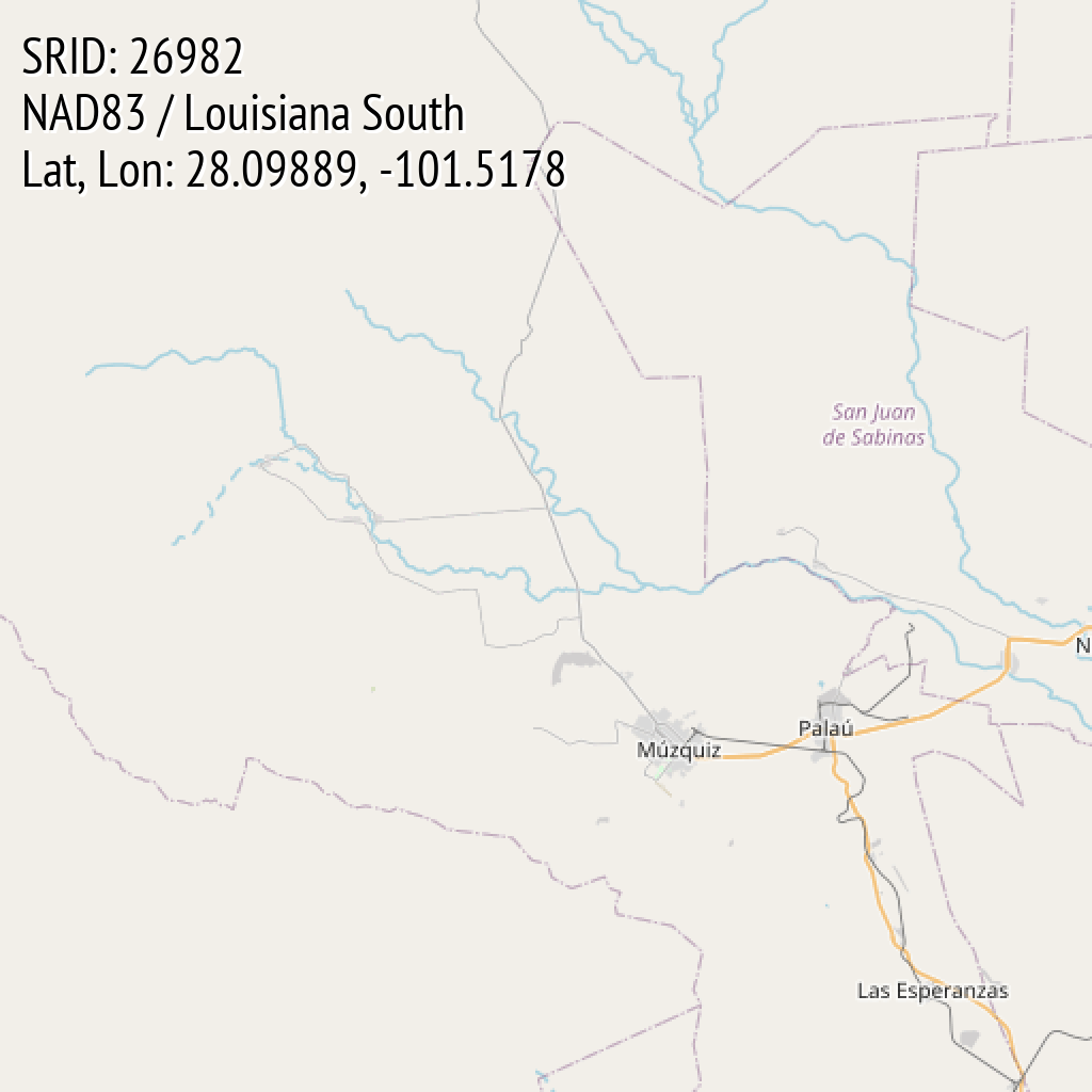 NAD83 / Louisiana South (SRID: 26982, Lat, Lon: 28.09889, -101.5178)