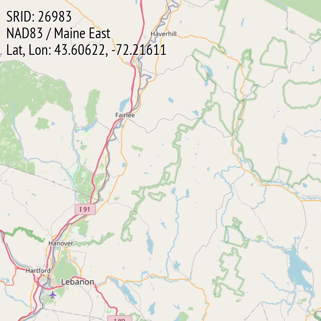 NAD83 / Maine East (SRID: 26983, Lat, Lon: 43.60622, -72.21611)