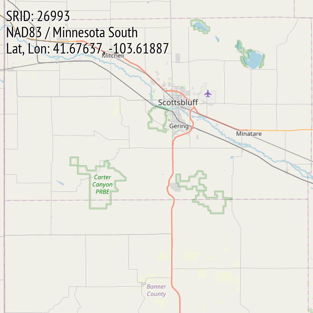 NAD83 / Minnesota South (SRID: 26993, Lat, Lon: 41.67637, -103.61887)