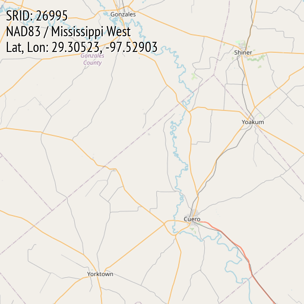 NAD83 / Mississippi West (SRID: 26995, Lat, Lon: 29.30523, -97.52903)