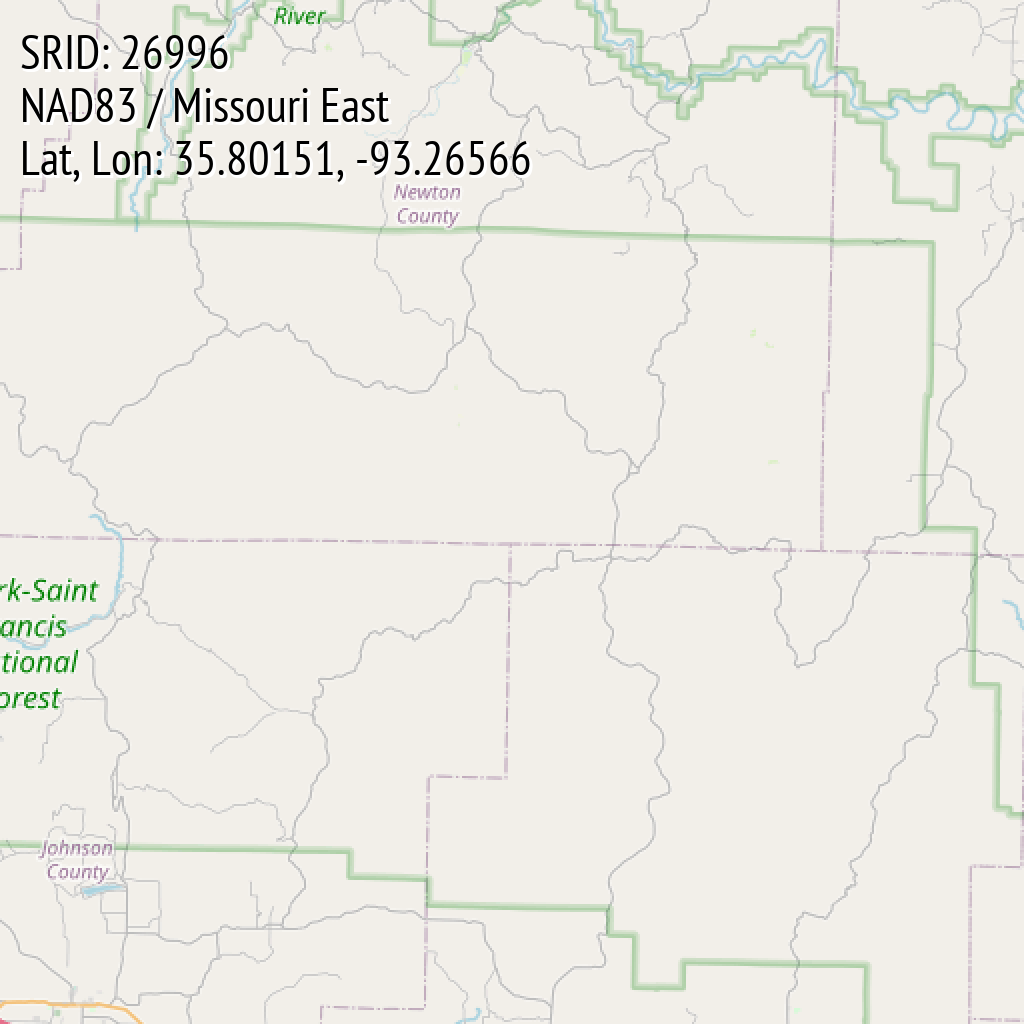NAD83 / Missouri East (SRID: 26996, Lat, Lon: 35.80151, -93.26566)
