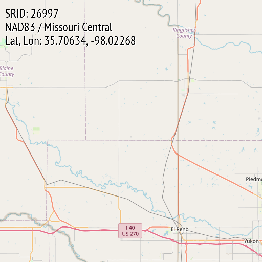 NAD83 / Missouri Central (SRID: 26997, Lat, Lon: 35.70634, -98.02268)