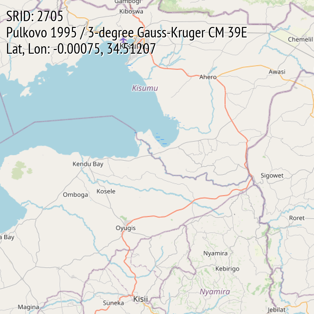 Pulkovo 1995 / 3-degree Gauss-Kruger CM 39E (SRID: 2705, Lat, Lon: -0.00075, 34.51207)