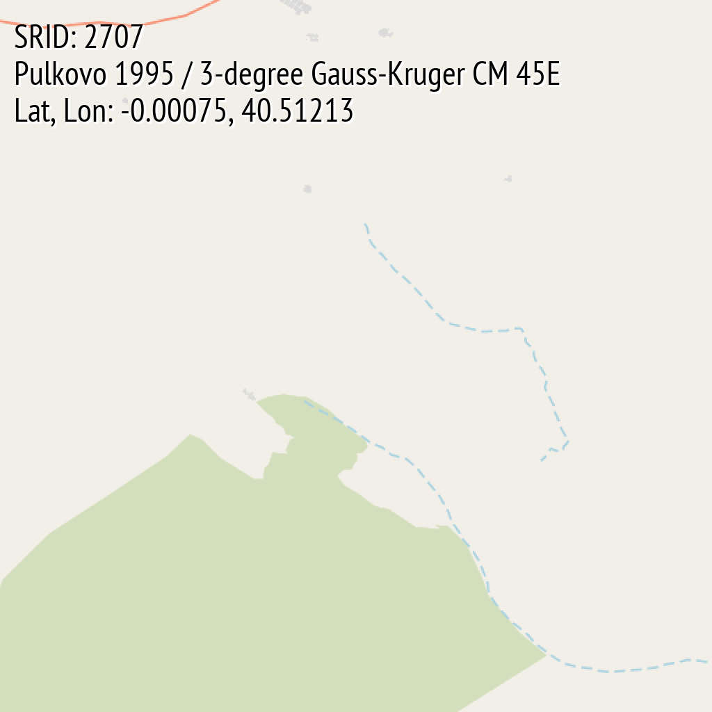 Pulkovo 1995 / 3-degree Gauss-Kruger CM 45E (SRID: 2707, Lat, Lon: -0.00075, 40.51213)