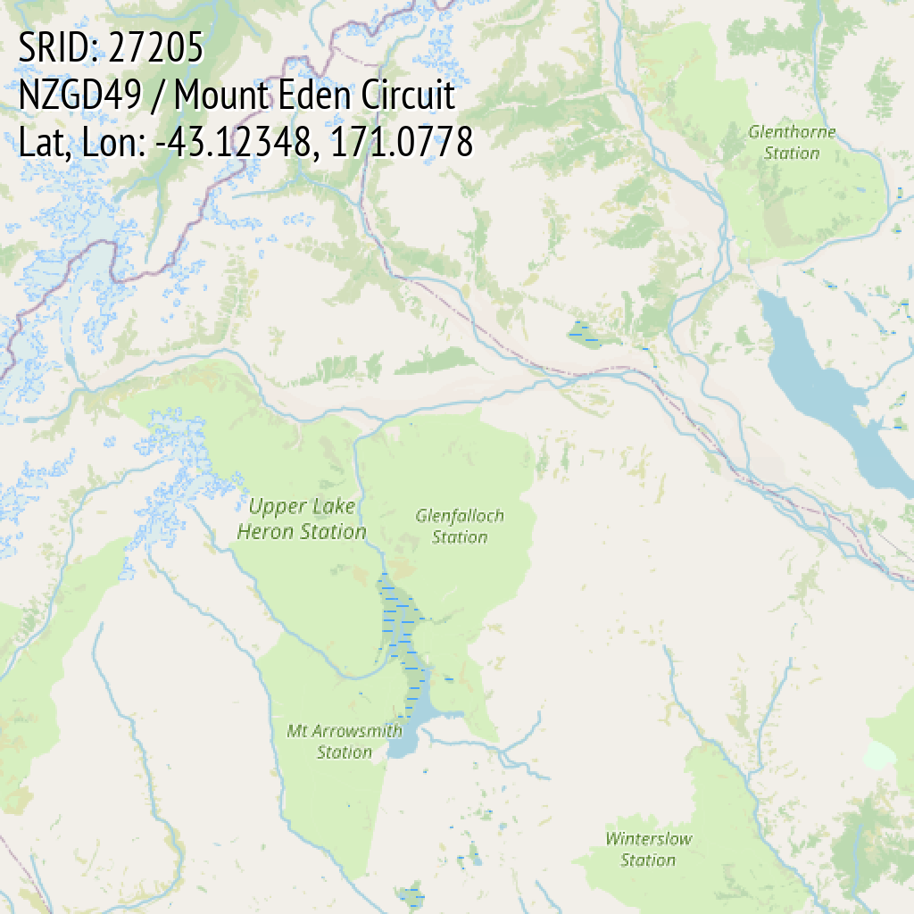 NZGD49 / Mount Eden Circuit (SRID: 27205, Lat, Lon: -43.12348, 171.0778)