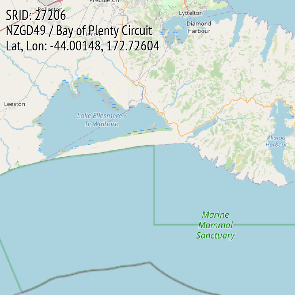 NZGD49 / Bay of Plenty Circuit (SRID: 27206, Lat, Lon: -44.00148, 172.72604)