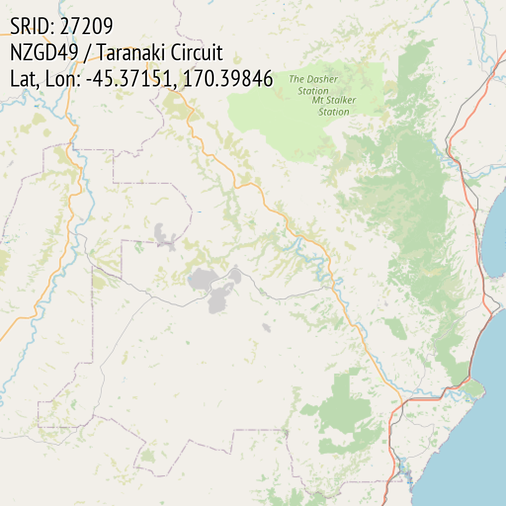 NZGD49 / Taranaki Circuit (SRID: 27209, Lat, Lon: -45.37151, 170.39846)