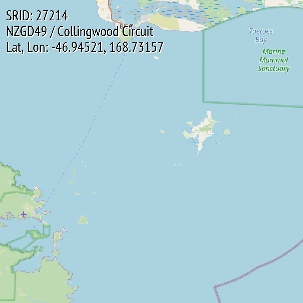 NZGD49 / Collingwood Circuit (SRID: 27214, Lat, Lon: -46.94521, 168.73157)