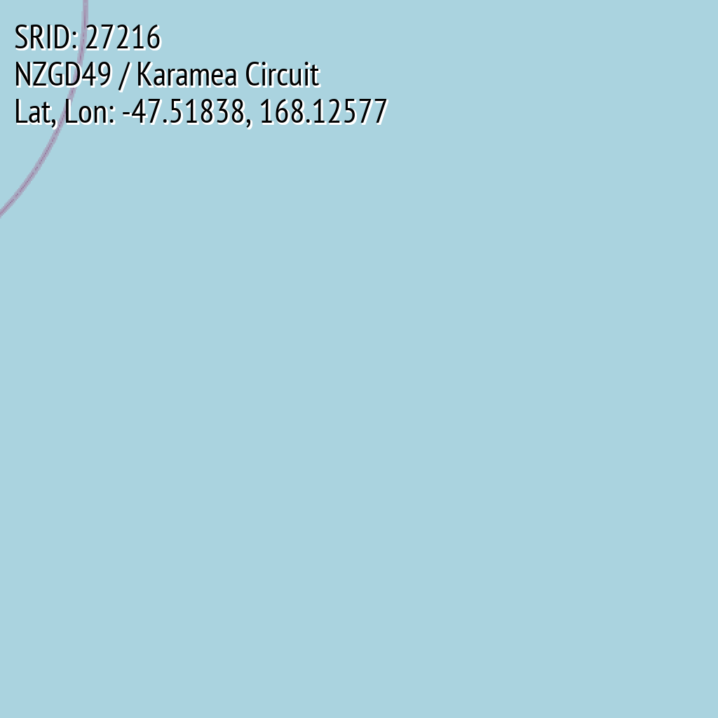 NZGD49 / Karamea Circuit (SRID: 27216, Lat, Lon: -47.51838, 168.12577)