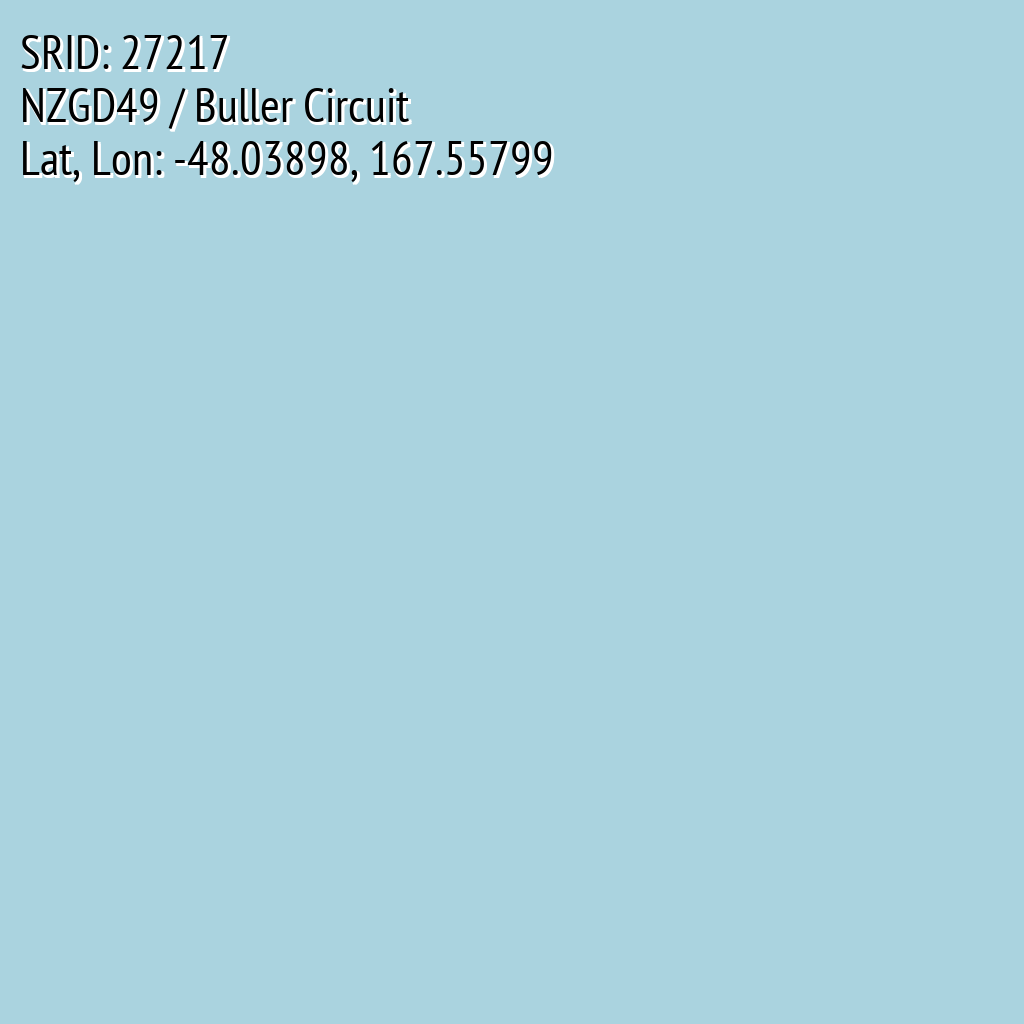 NZGD49 / Buller Circuit (SRID: 27217, Lat, Lon: -48.03898, 167.55799)