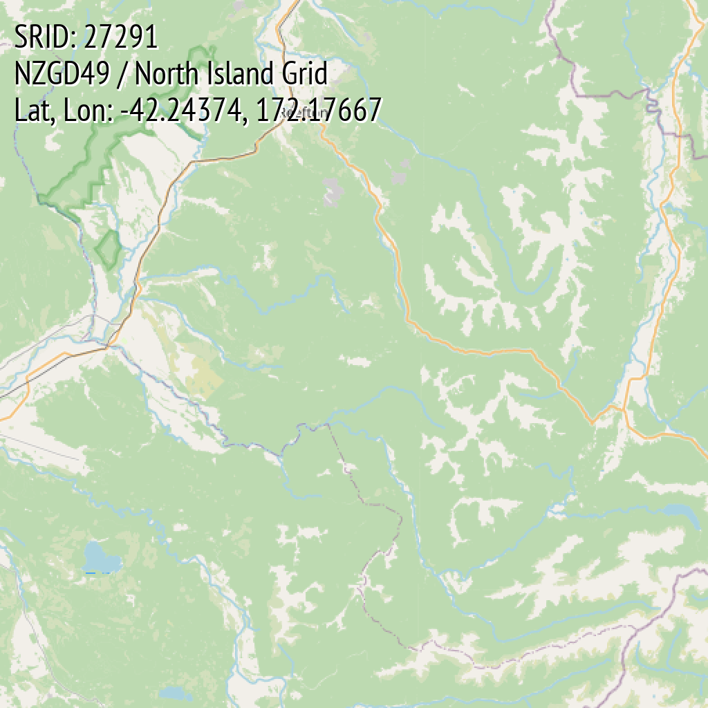 NZGD49 / North Island Grid (SRID: 27291, Lat, Lon: -42.24374, 172.17667)