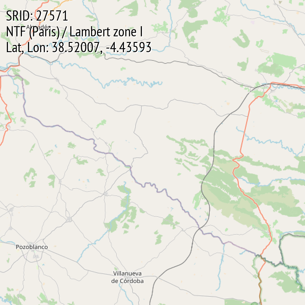 NTF (Paris) / Lambert zone I (SRID: 27571, Lat, Lon: 38.52007, -4.43593)