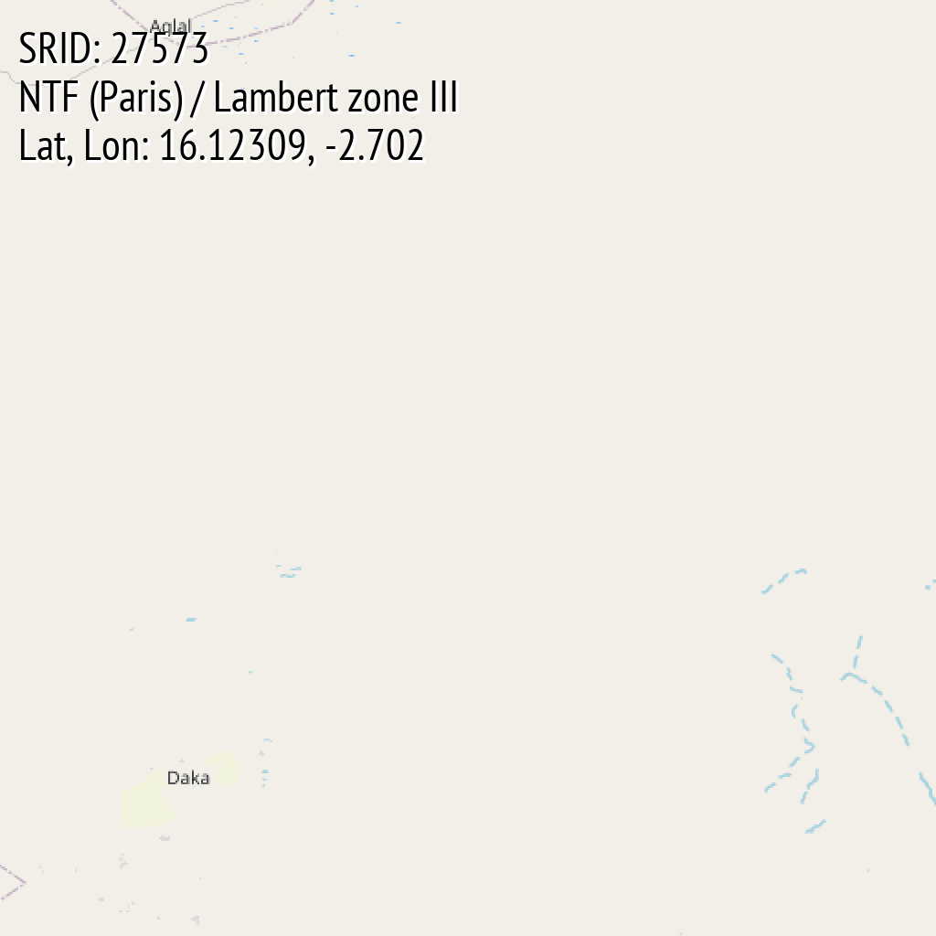 NTF (Paris) / Lambert zone III (SRID: 27573, Lat, Lon: 16.12309, -2.702)
