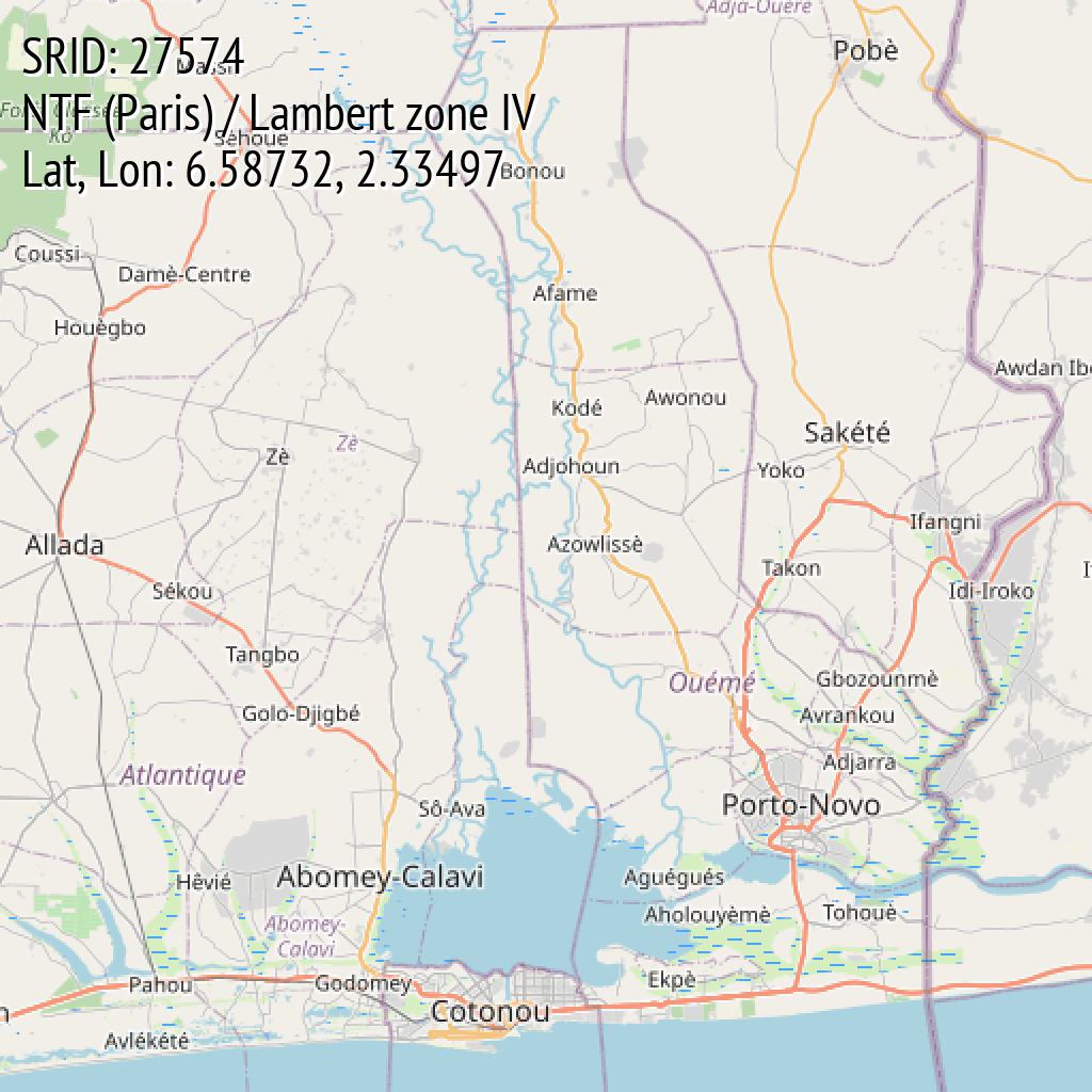 NTF (Paris) / Lambert zone IV (SRID: 27574, Lat, Lon: 6.58732, 2.33497)