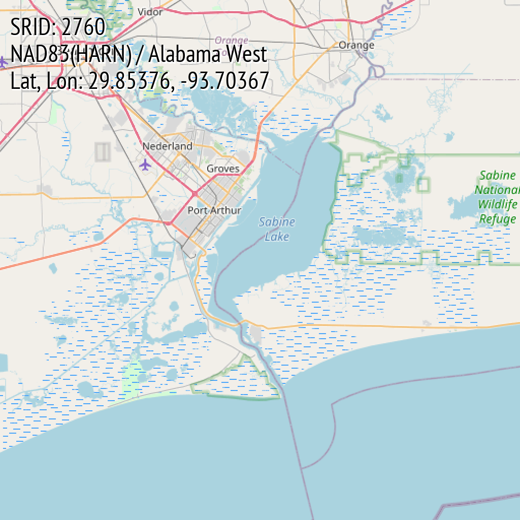 NAD83(HARN) / Alabama West (SRID: 2760, Lat, Lon: 29.85376, -93.70367)