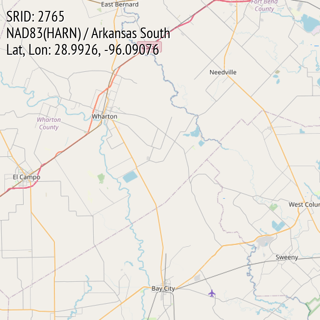 NAD83(HARN) / Arkansas South (SRID: 2765, Lat, Lon: 28.9926, -96.09076)