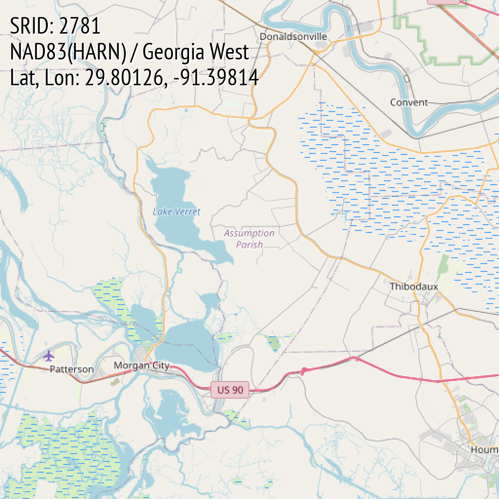 NAD83(HARN) / Georgia West (SRID: 2781, Lat, Lon: 29.80126, -91.39814)