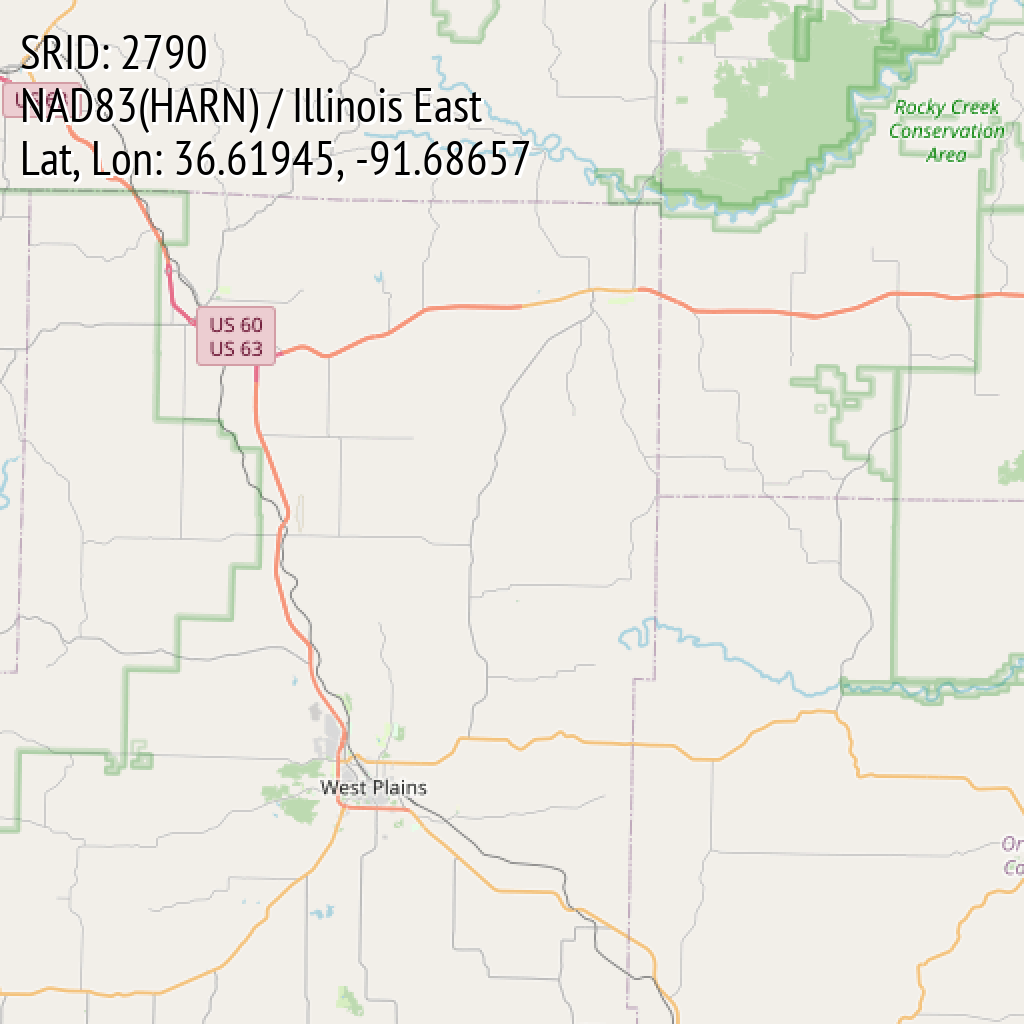 NAD83(HARN) / Illinois East (SRID: 2790, Lat, Lon: 36.61945, -91.68657)