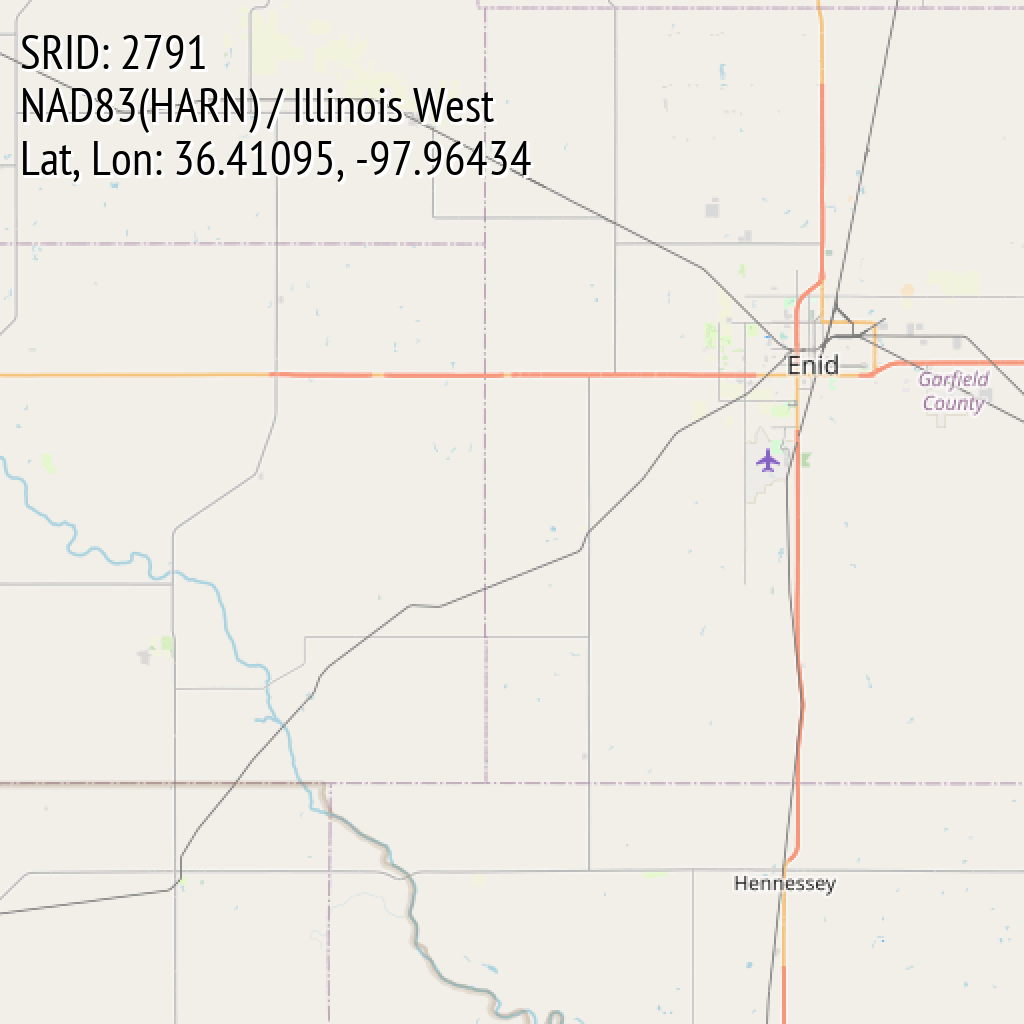NAD83(HARN) / Illinois West (SRID: 2791, Lat, Lon: 36.41095, -97.96434)