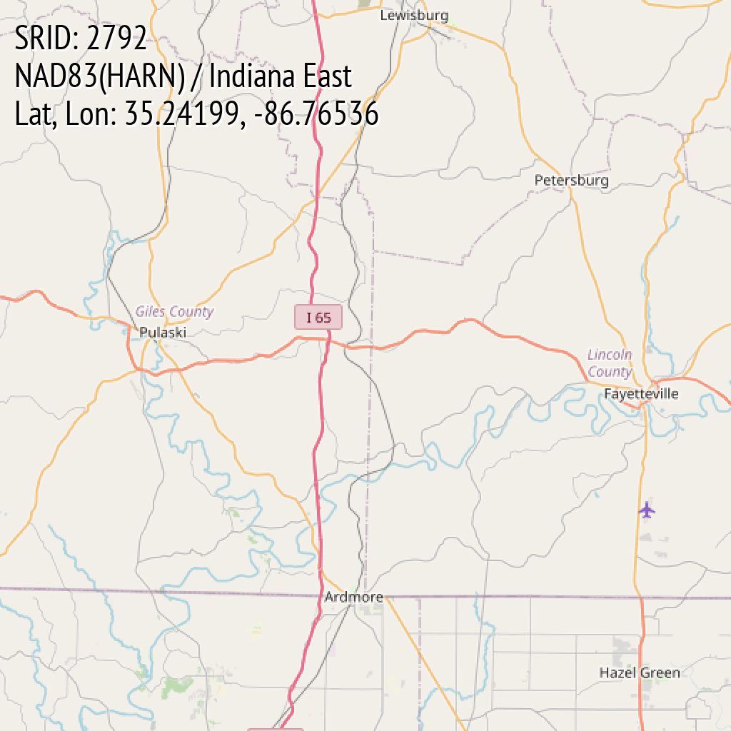 NAD83(HARN) / Indiana East (SRID: 2792, Lat, Lon: 35.24199, -86.76536)