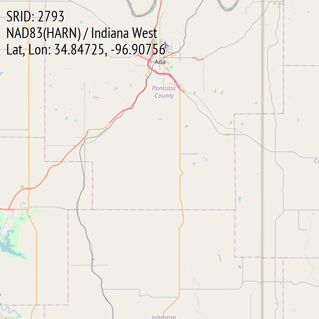 NAD83(HARN) / Indiana West (SRID: 2793, Lat, Lon: 34.84725, -96.90756)