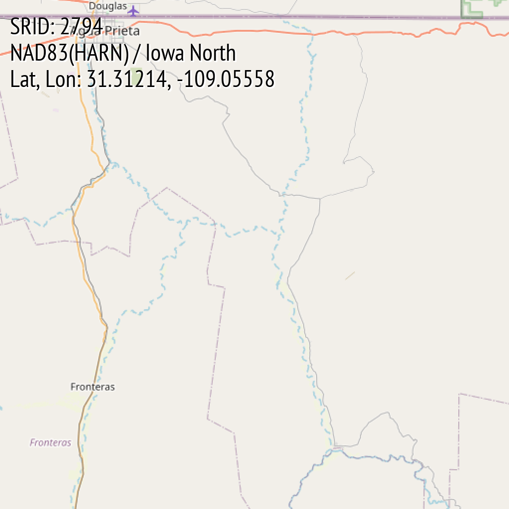 NAD83(HARN) / Iowa North (SRID: 2794, Lat, Lon: 31.31214, -109.05558)