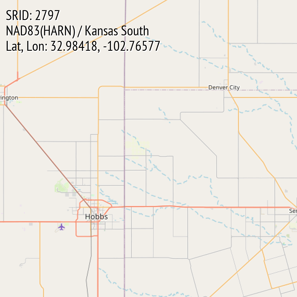 NAD83(HARN) / Kansas South (SRID: 2797, Lat, Lon: 32.98418, -102.76577)
