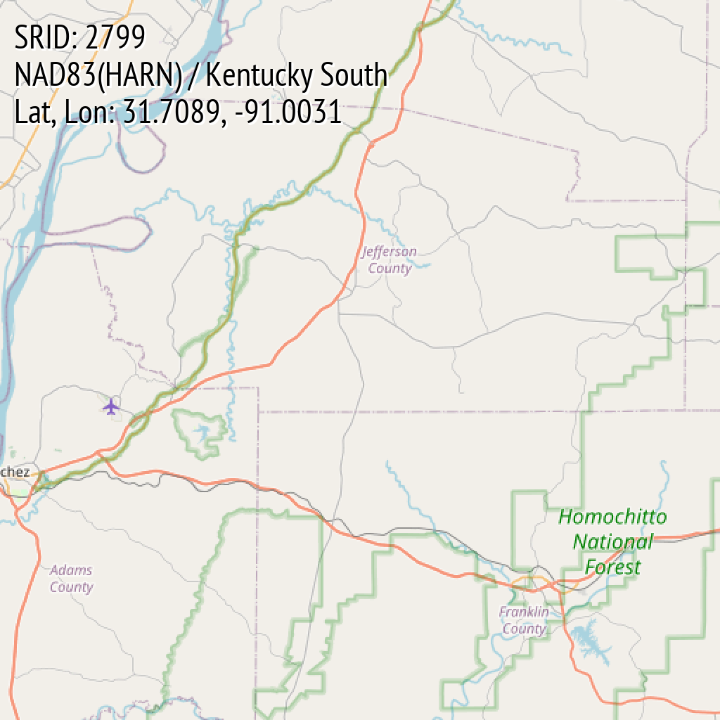 NAD83(HARN) / Kentucky South (SRID: 2799, Lat, Lon: 31.7089, -91.0031)