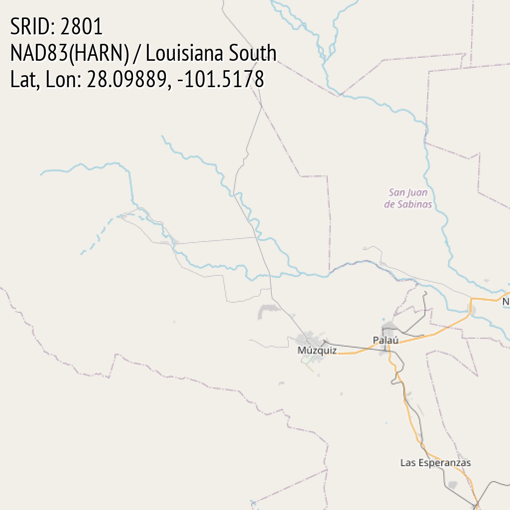 NAD83(HARN) / Louisiana South (SRID: 2801, Lat, Lon: 28.09889, -101.5178)