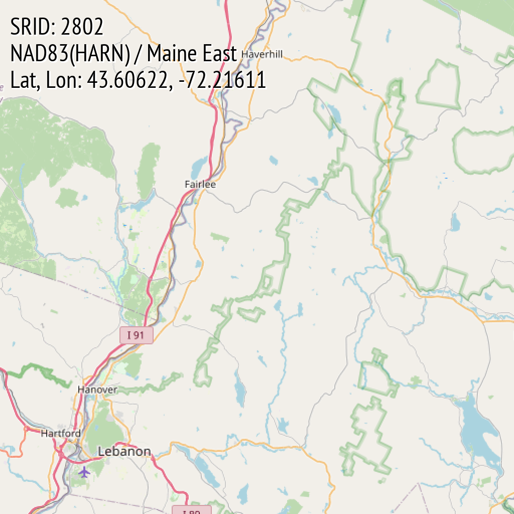 NAD83(HARN) / Maine East (SRID: 2802, Lat, Lon: 43.60622, -72.21611)