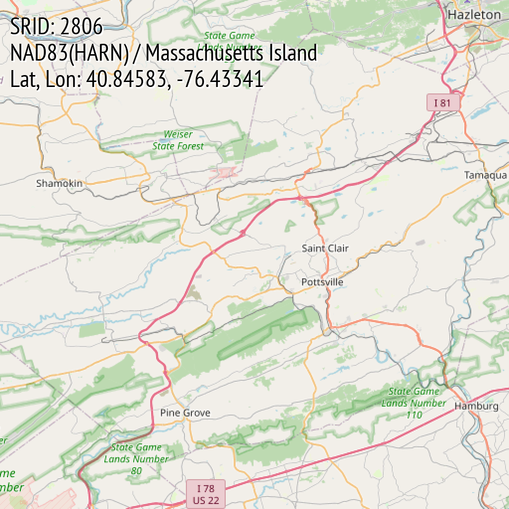 NAD83(HARN) / Massachusetts Island (SRID: 2806, Lat, Lon: 40.84583, -76.43341)