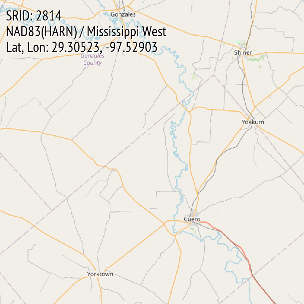 NAD83(HARN) / Mississippi West (SRID: 2814, Lat, Lon: 29.30523, -97.52903)